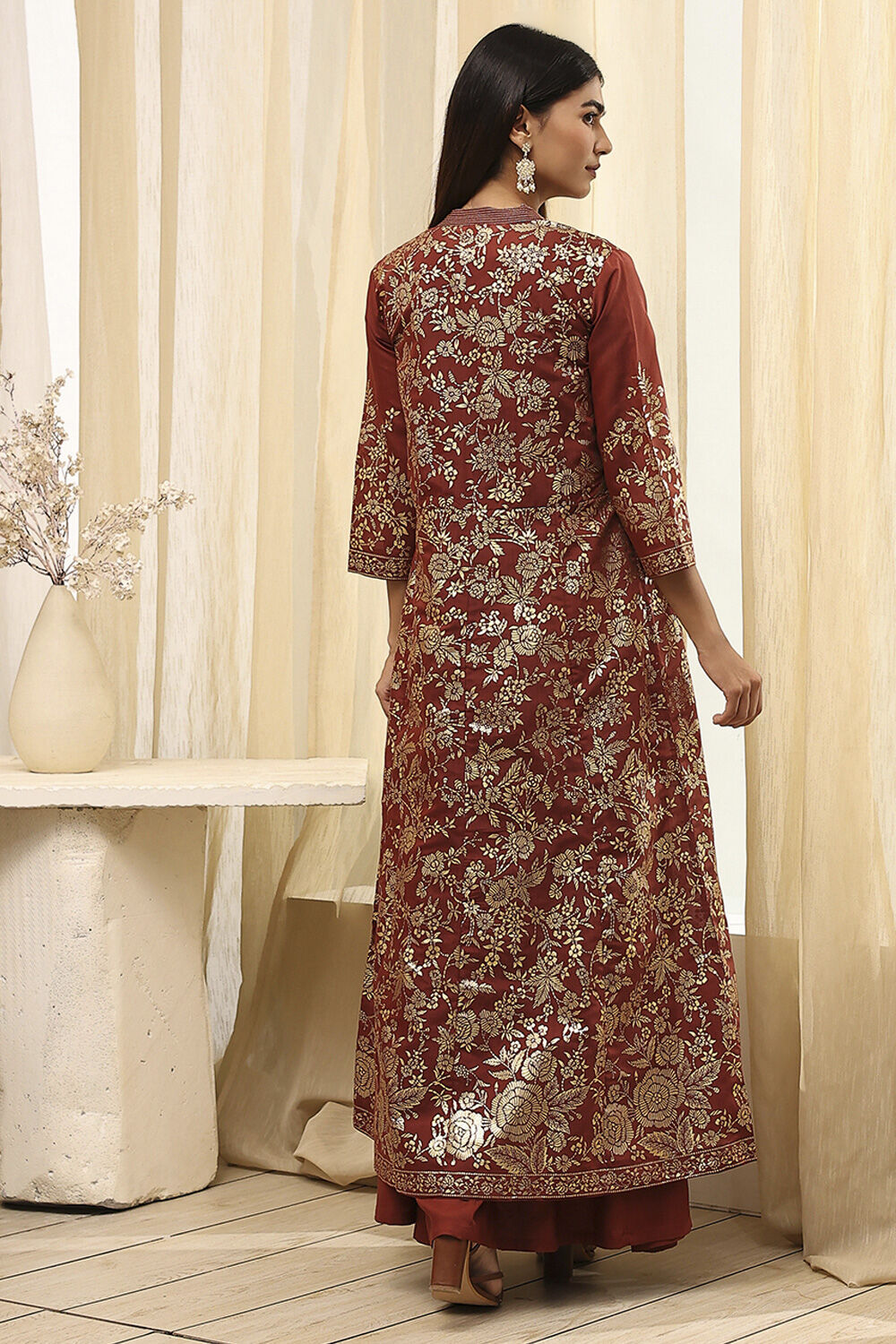 Earthy Brown Printed Layered Cape Dress image number 5