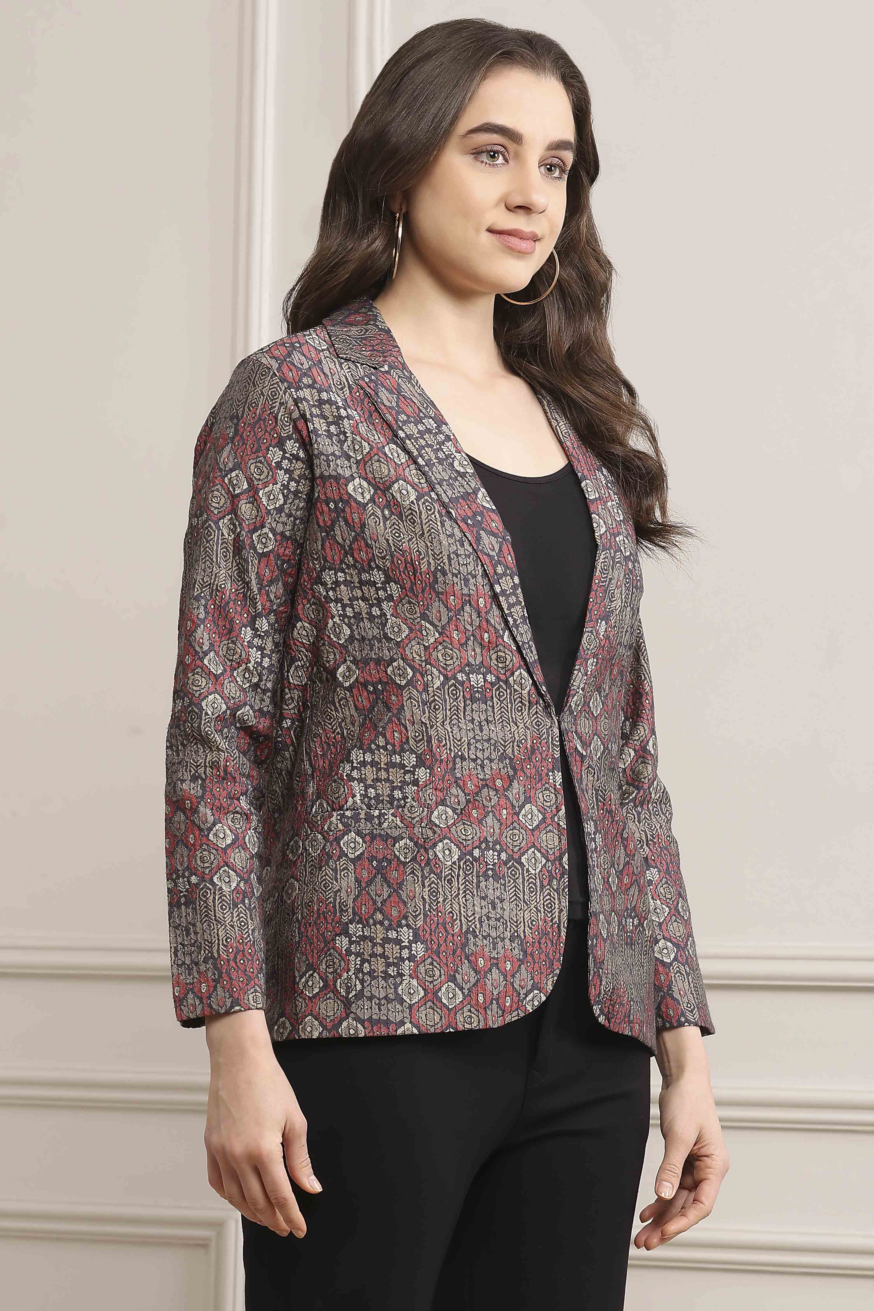 Grey Poly Viscose Straight Printed Jacket image number 4