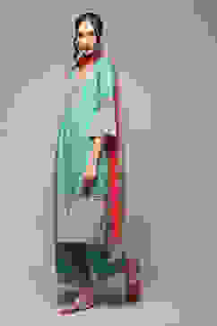 Sea Green LIVA Gathered Kurta Palazzo Suit Set image number 5