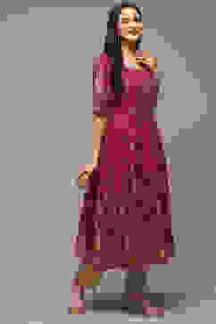 Wine Cotton Flared Printed Kurta image number 3