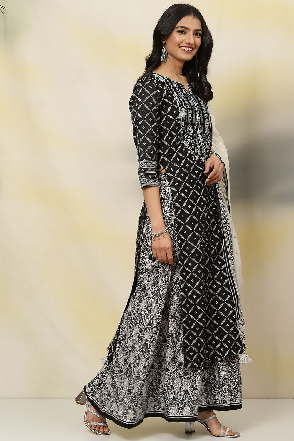 Black Straight Art Silk Kurta Sharara Suit Set image number 6