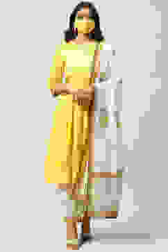 Yellow Cotton Flared Kalidar Kurta Slim Pant Suit Set image number 8