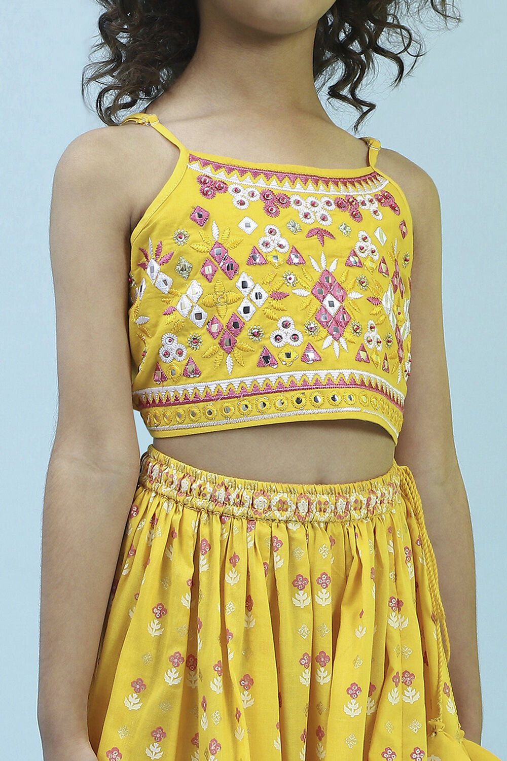 Yellow Cotton Printed Flared Lehenga Set image number 1