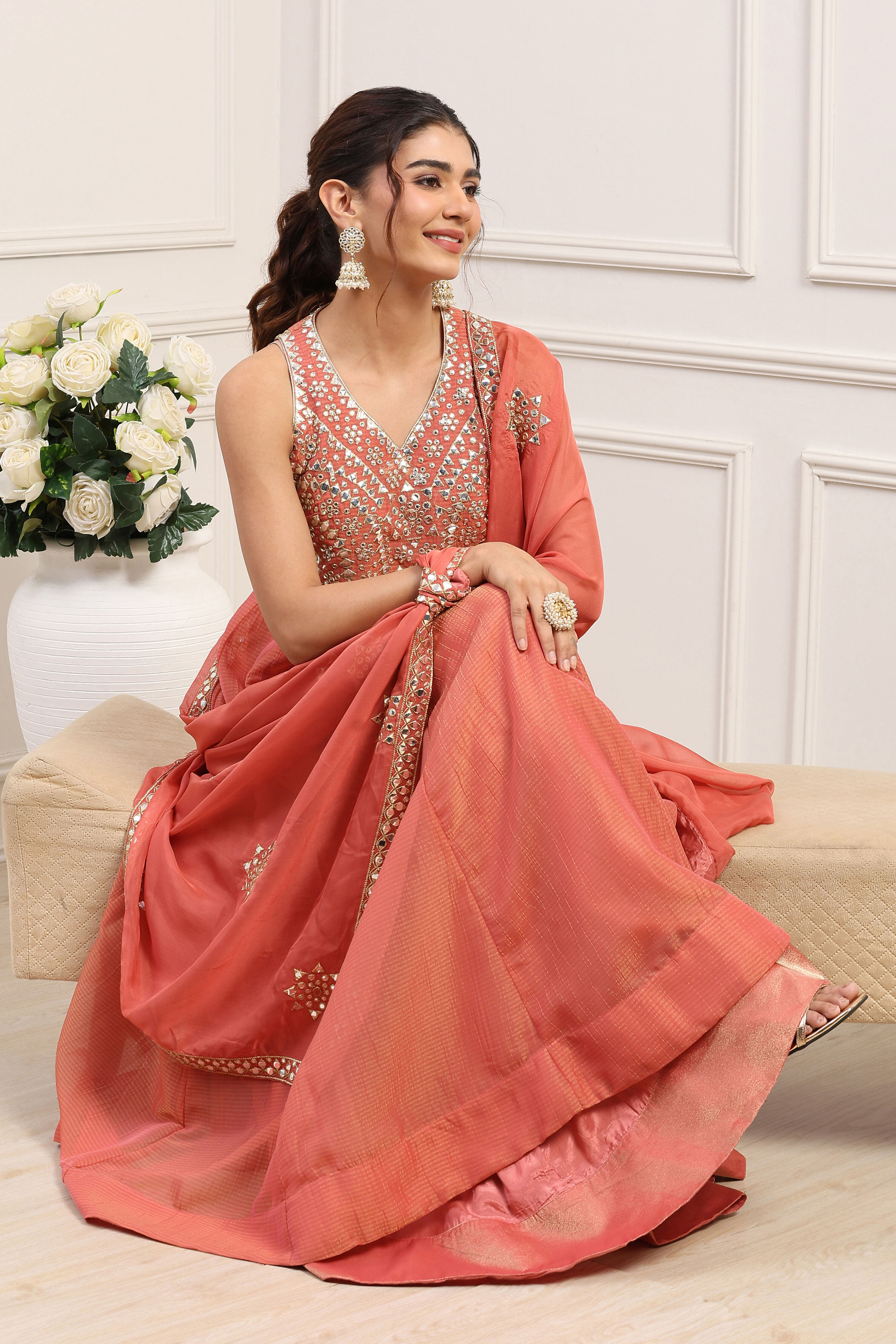 Coral Pink Poly Tissue Mirror Work Anarkali Dress With Dupatta image number 0