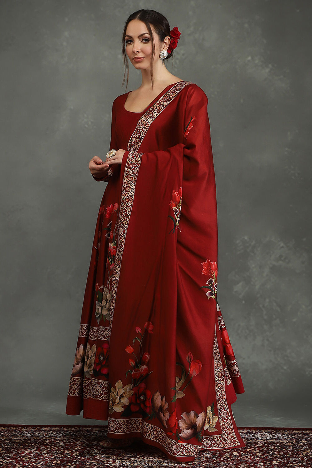 Maroon Silk Chanderi Floral Anarkali Suit Set image number 2