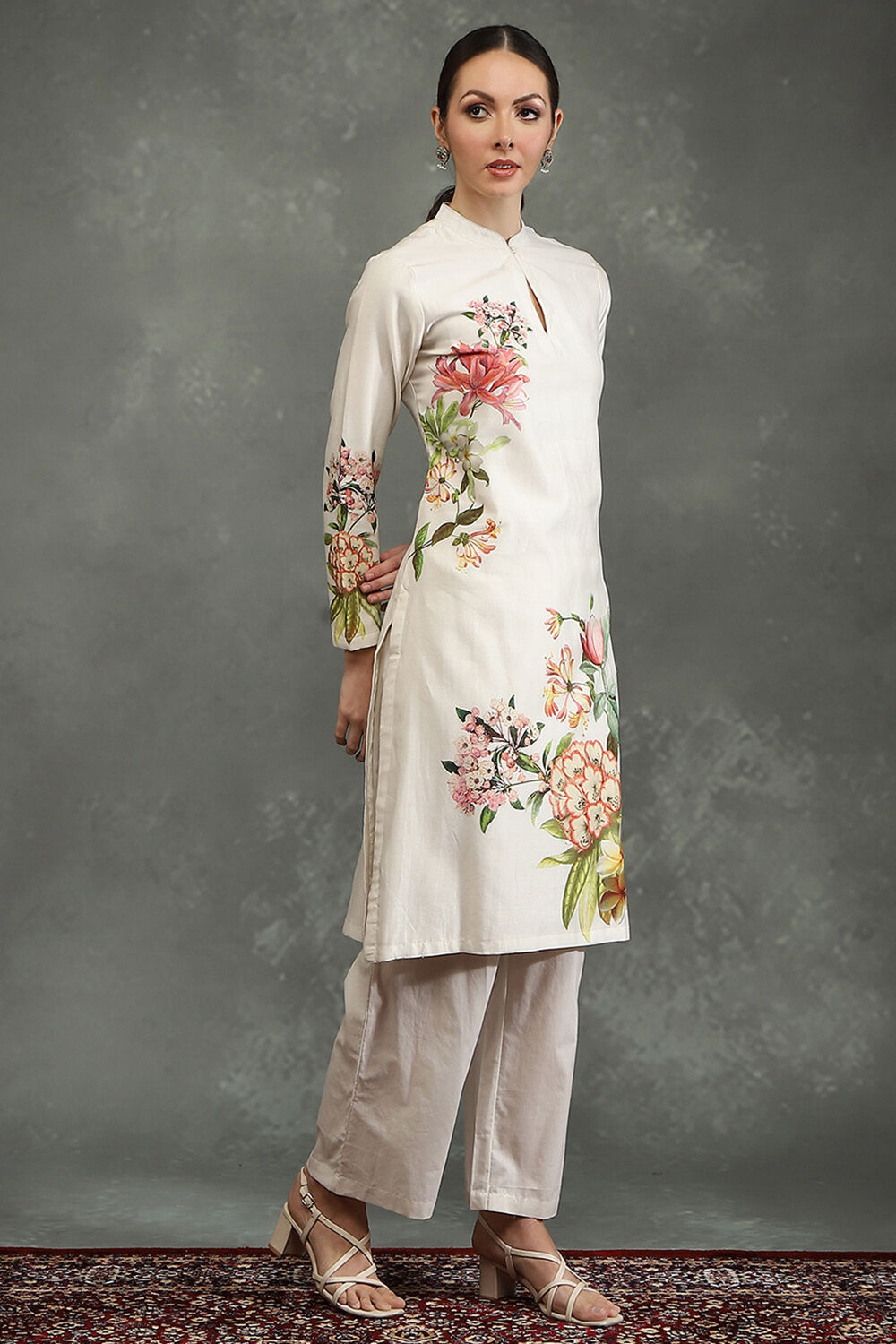 Ivory Silk Chanderi Floral Printed Straight Kurta Set image number 5