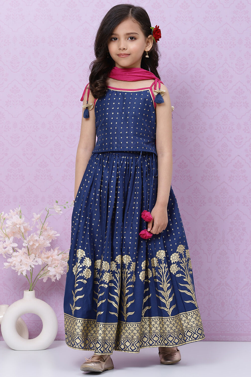 Pink Cotton Floral Printed Flared Festive Lehenga Set image number 0