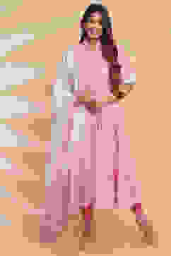 Light Pink Cotton Flared Kurta Churidar Suit Set image number 0