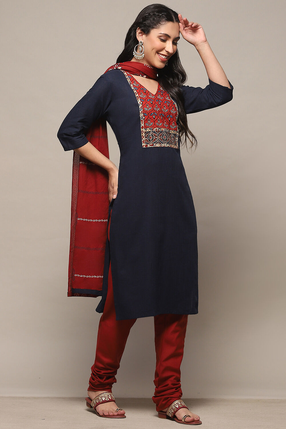Navy Blue Cotton Unstitched Suit Set image number 7