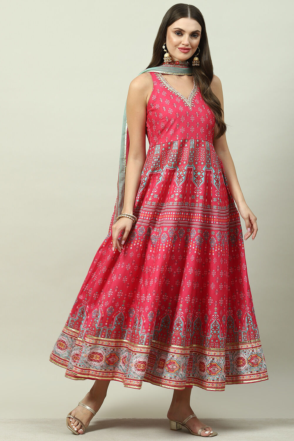 Green Art Silk Flared Kurta Legging Suit Set image number 6