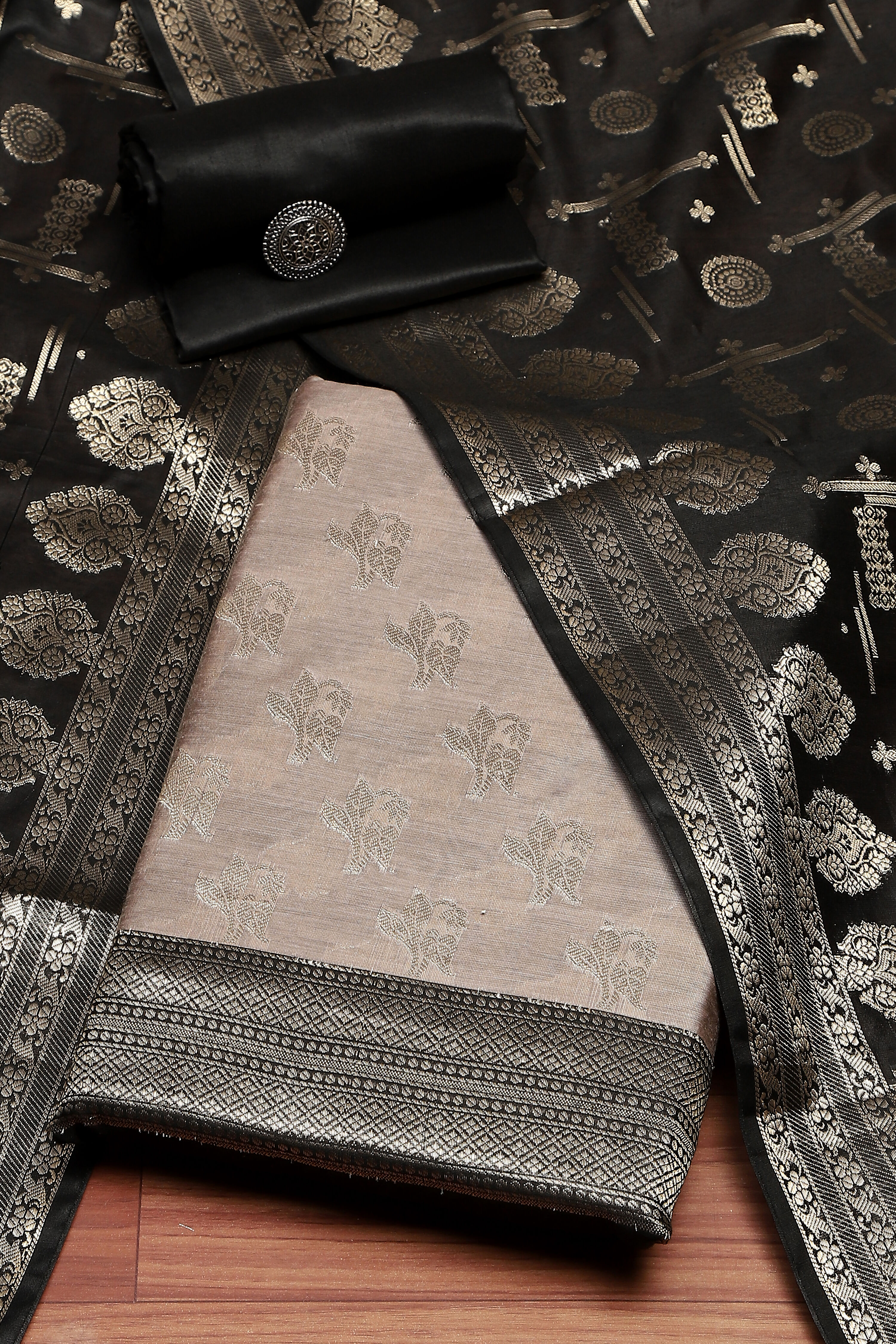 Wine Poly Silk Banarasi Unstitched Suit Set image number 0