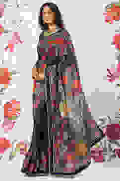 Rohit Bal Black Chanderi Silk Printed Saree With Blouse image number 3