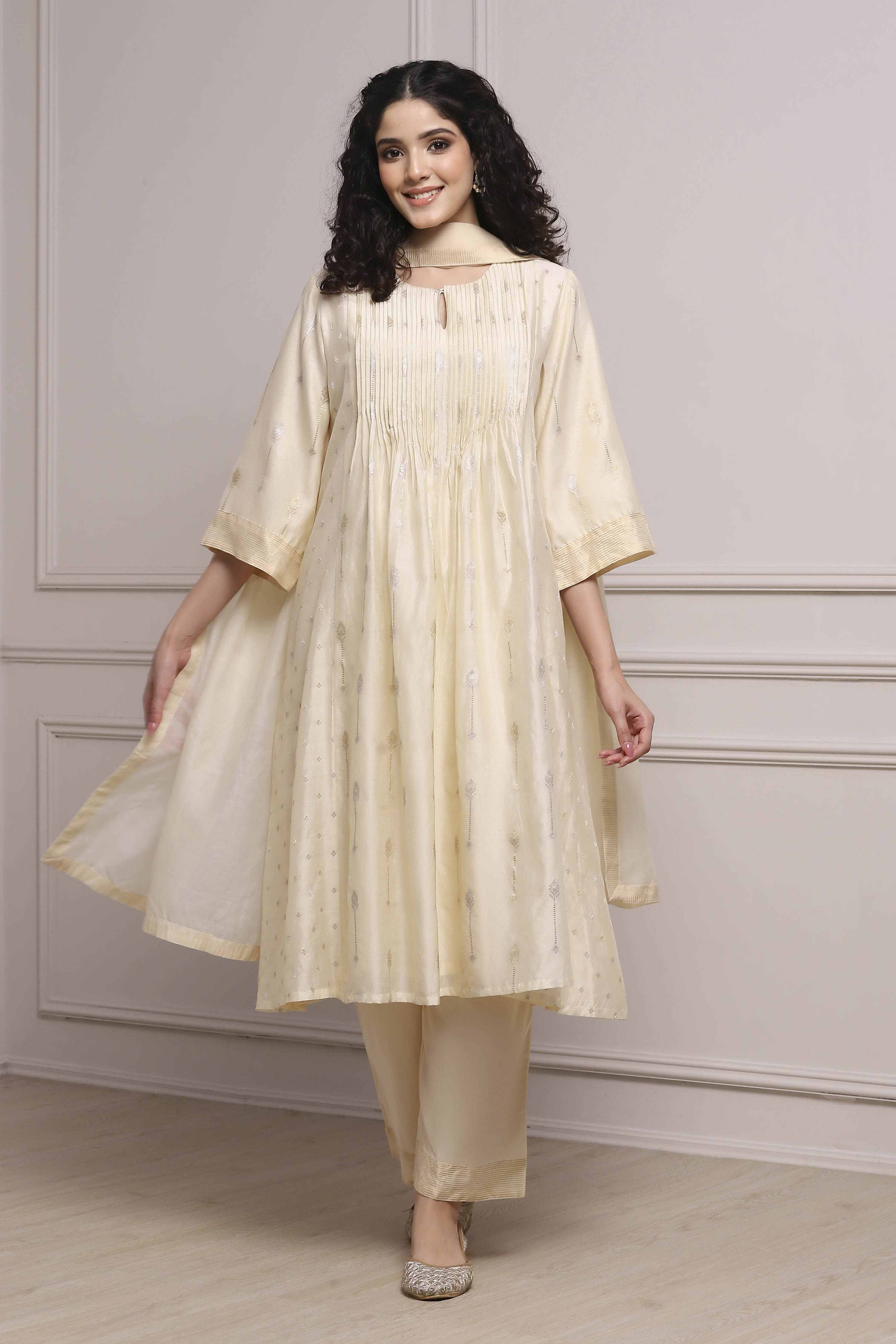 Cream-Colored Silk Metallic Gathered Suit Set image number 0