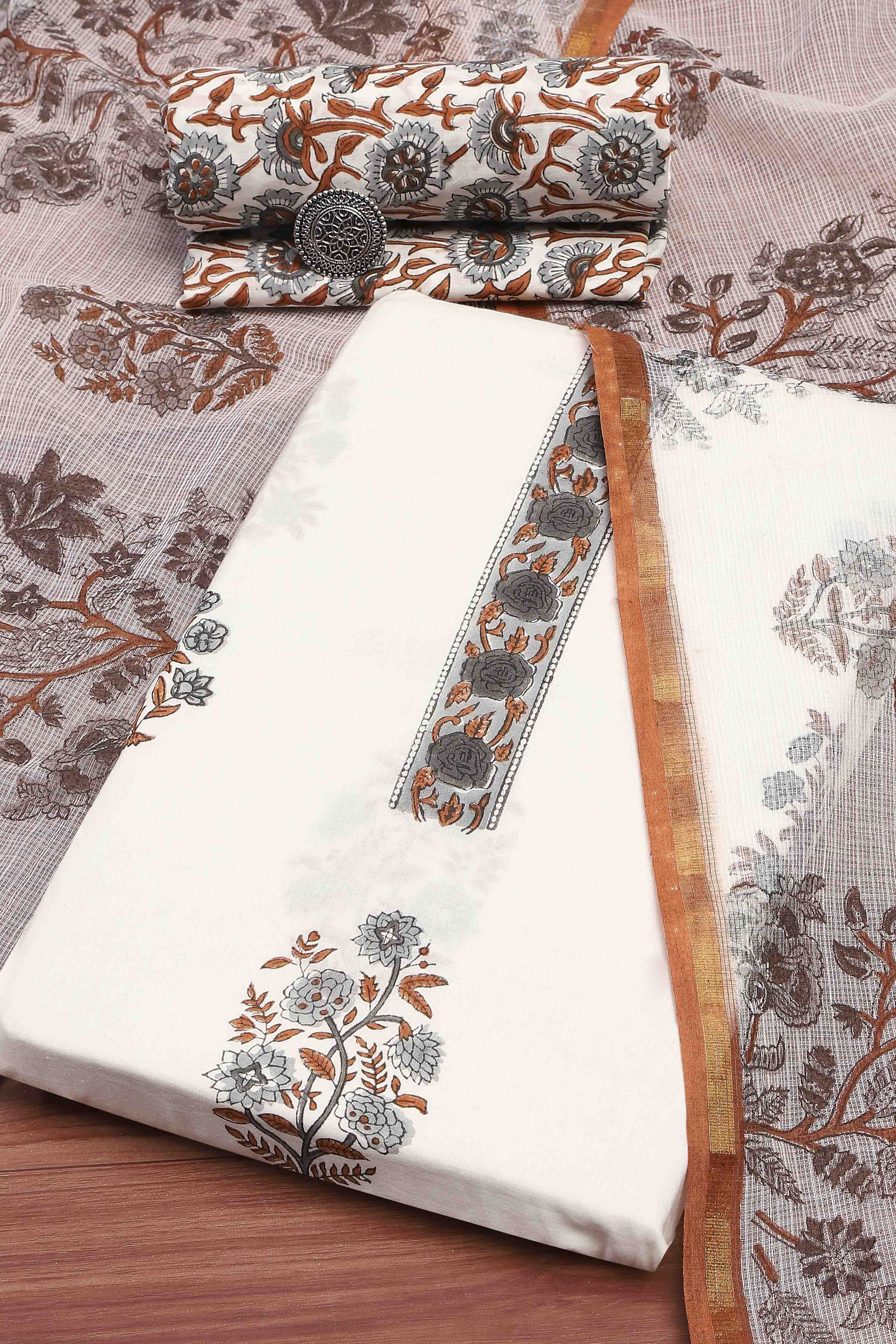 Grey Cotton Hand Block Print Unstitched Suit Set image number 0