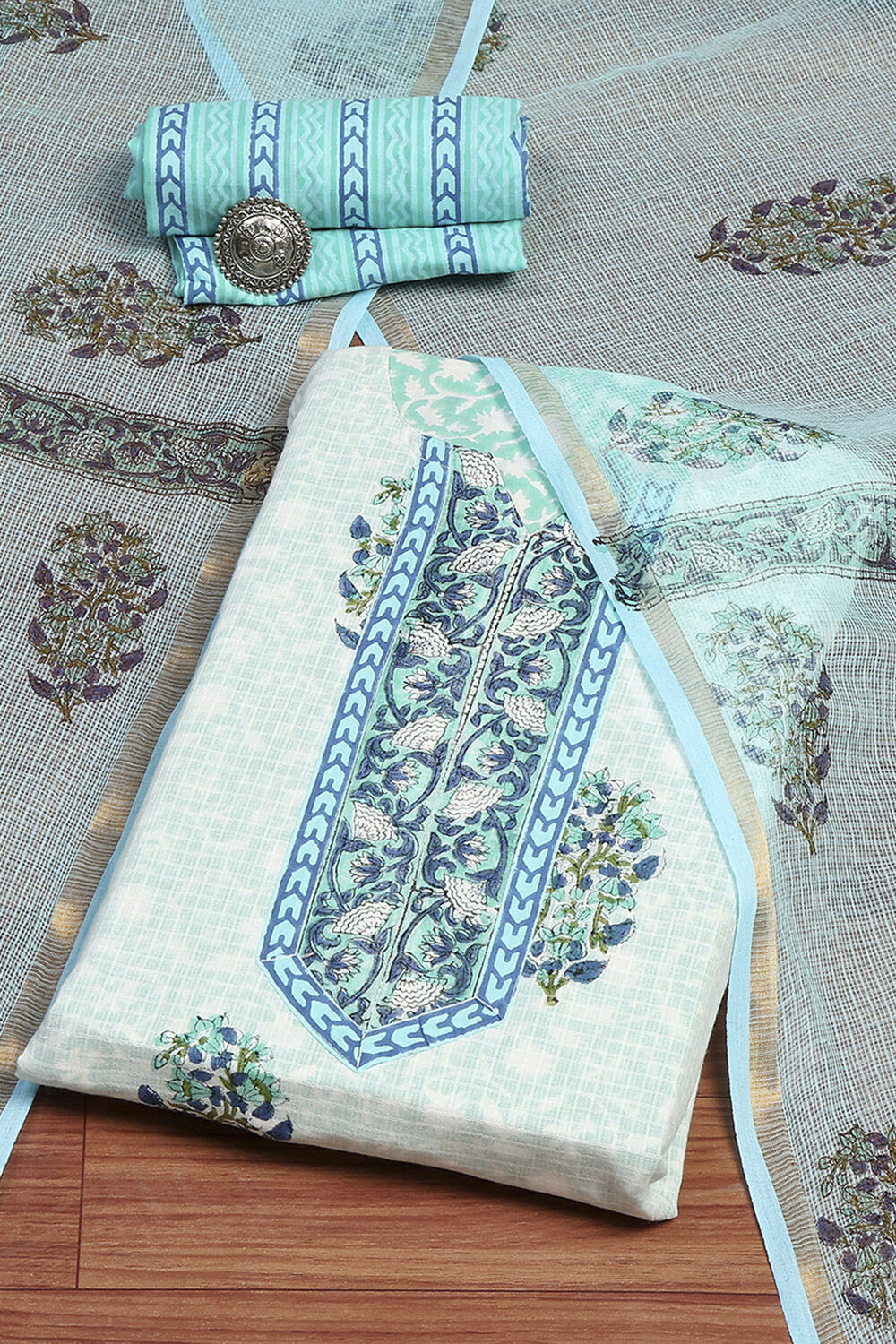 Blue Cotton Hand Block Print Unstitched Suit Set image number 1