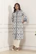 White and Blue Cotton Printed Pleated Straight Kurta image number 0