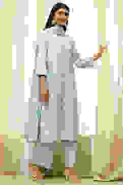 Aqua Cotton Silk Embroidered Straight Suit Set image number 4