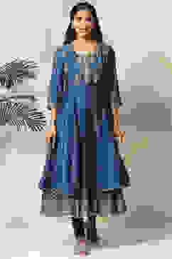 Blue Cotton Blend Anarkali Kurta Churidar Suit Set image number 6