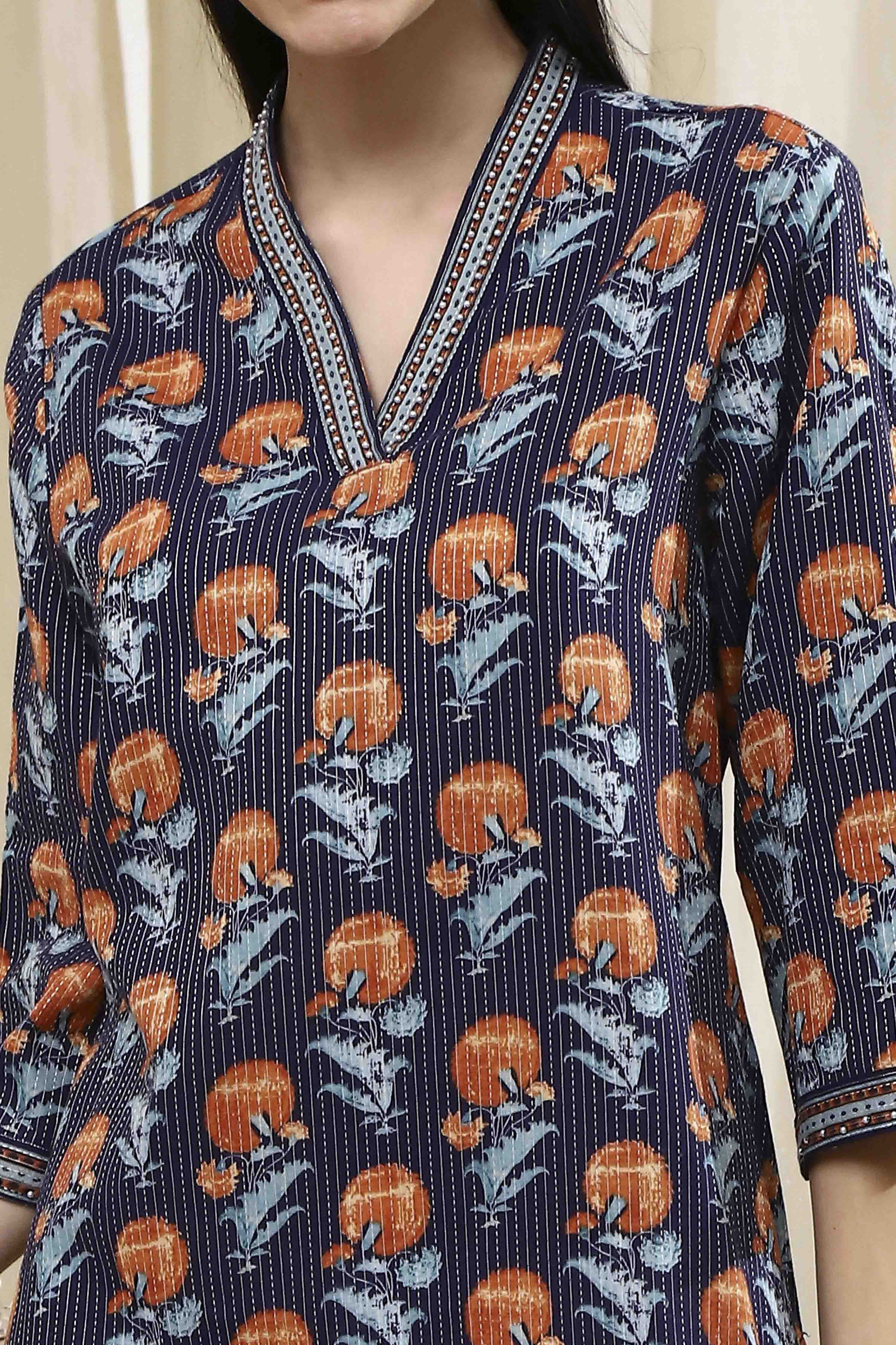 Teal Cotton Printed Straight Kurta image number 1