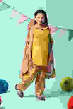 Yellow Poly Cotton A-Line Printed Kurta Dhoti Suit Set image number 6