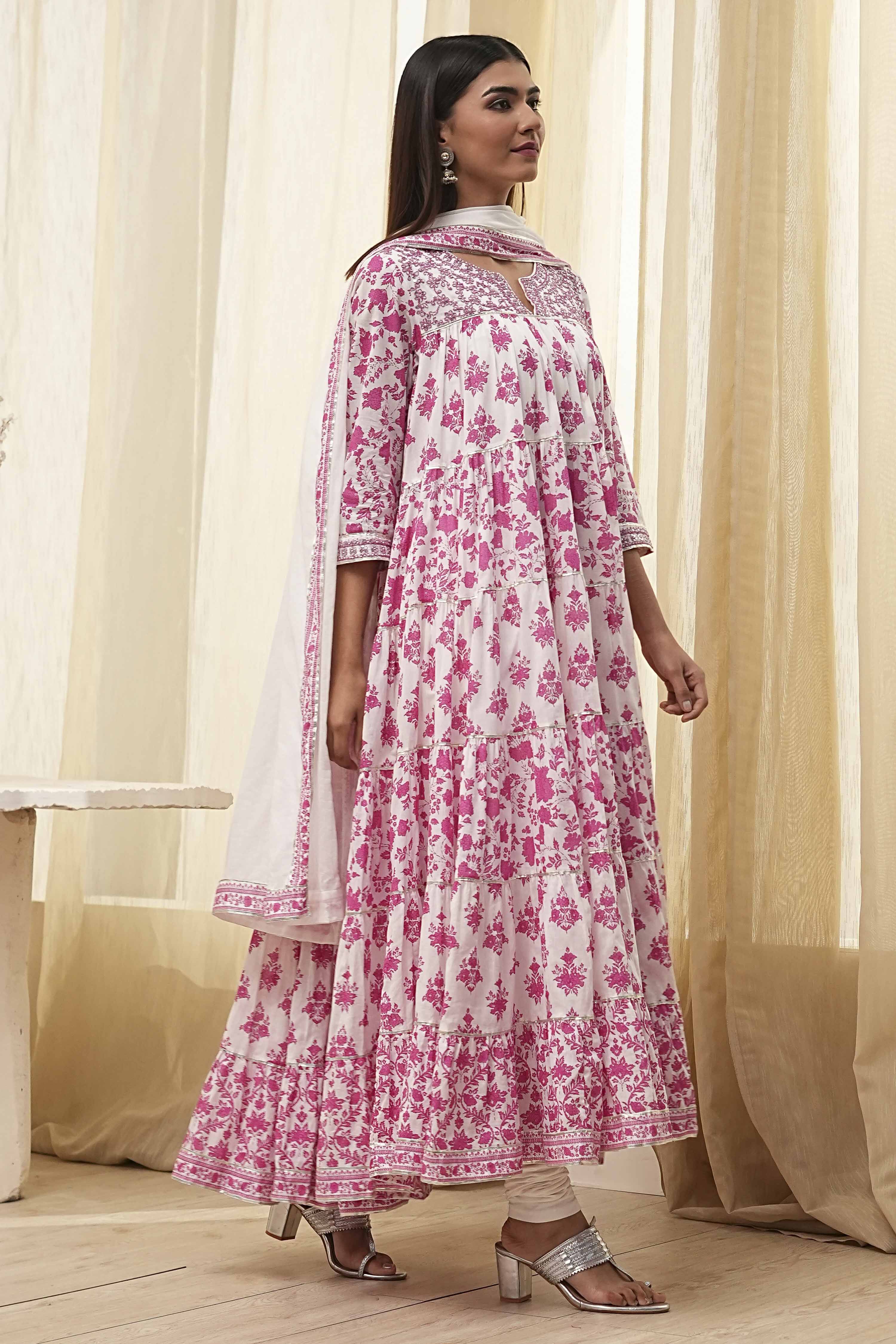 Off-White and Pink Cotton Floral Tiered Suit Set image number 5