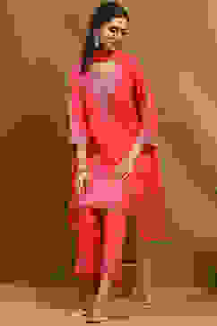 Pink Embroidered Straight Suit Set image number 0