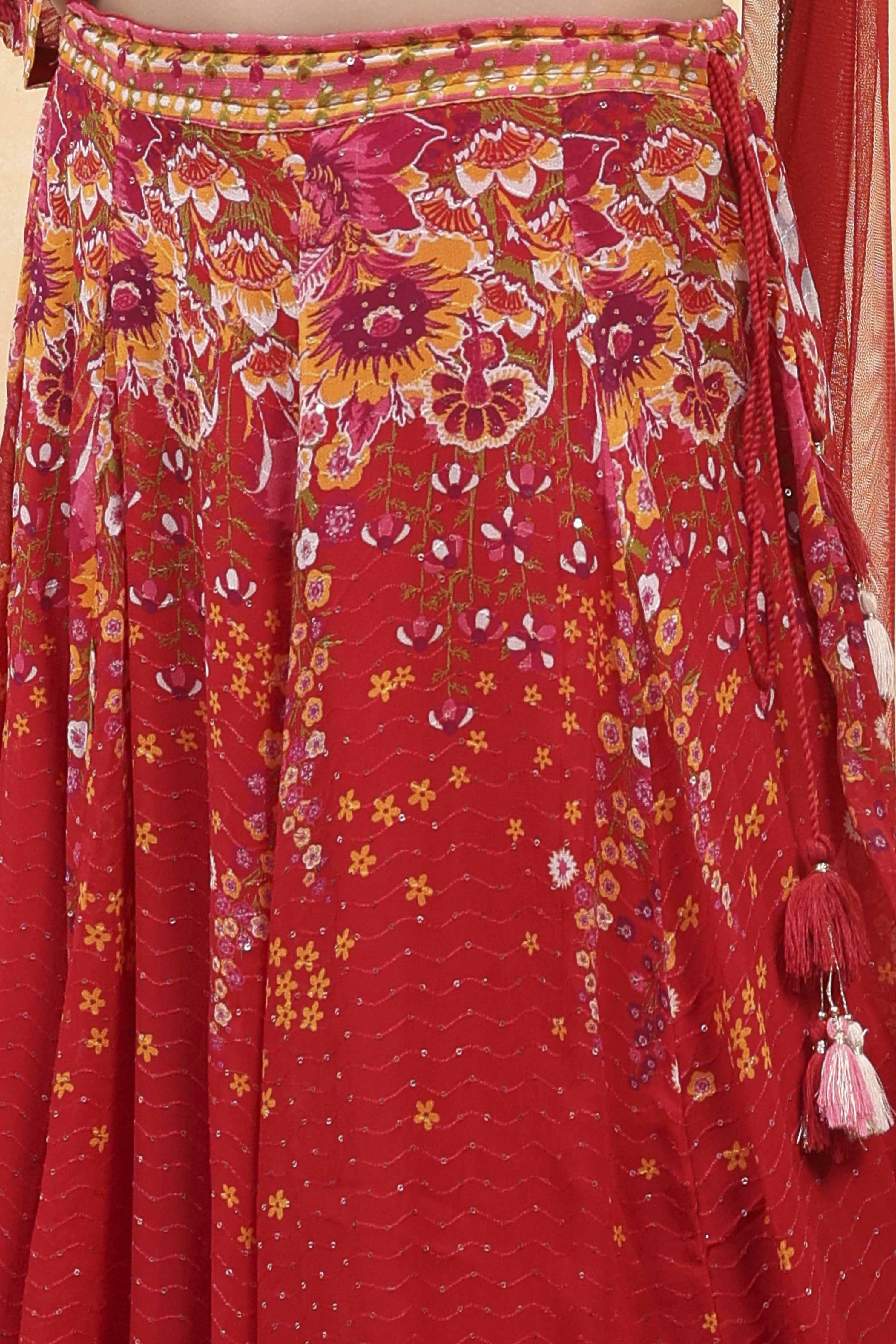 Red Viscose Rayon Printed Kalidar Lehenga Set image number 2