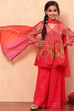 Coral Chiffon Floral Printed Festive Gathered Suit Set image number 0