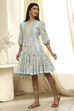Blue Cotton Floral Printed Tiered Dress image number 2