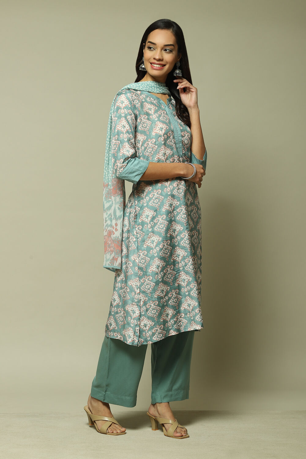 Sea Green Modal Straight Kurta Palazzo Suit Set image number 6