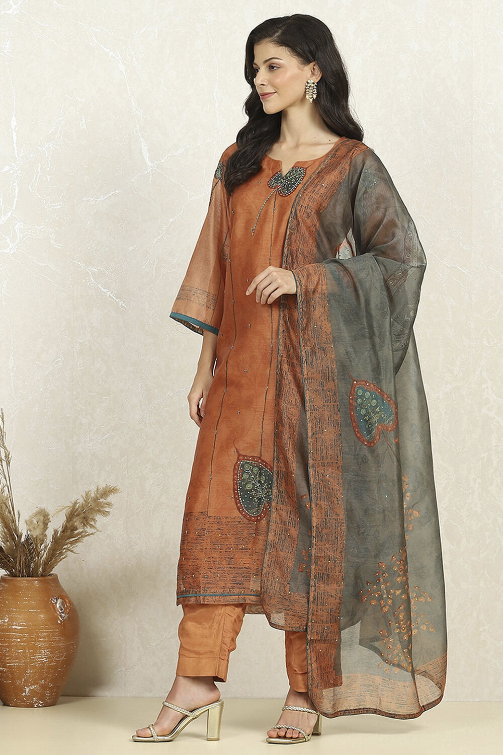 Rust Chanderi Unstitched Suit Set image number 4
