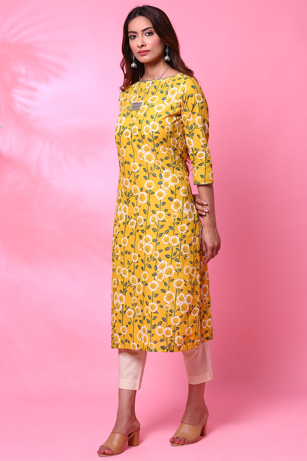 Mustard Cotton Straight Printed Kurta image number 0