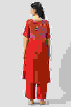 Red Printed LIVA Asymmetric Kurta Palazzo Suit Set image number 4