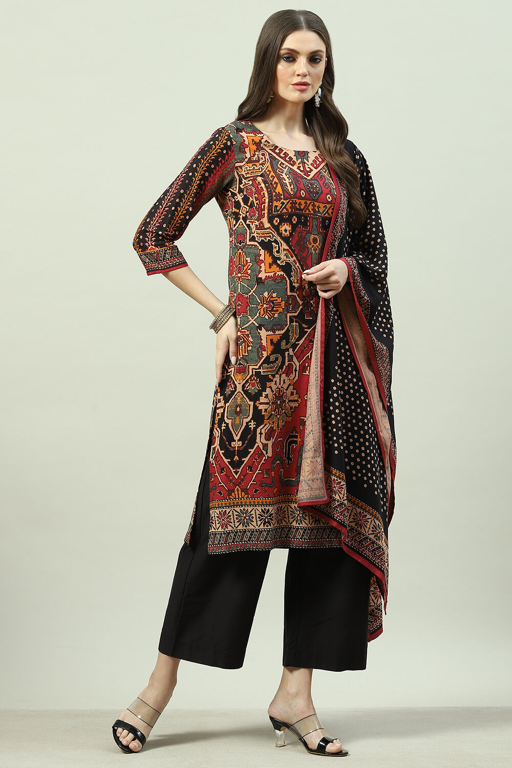 Red Rayon Straight Kurta Palazzo Suit Set image number 3