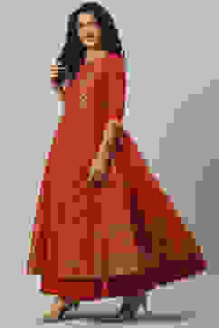 Red Art Silk Anarkali Printed Kurta Dress image number 2