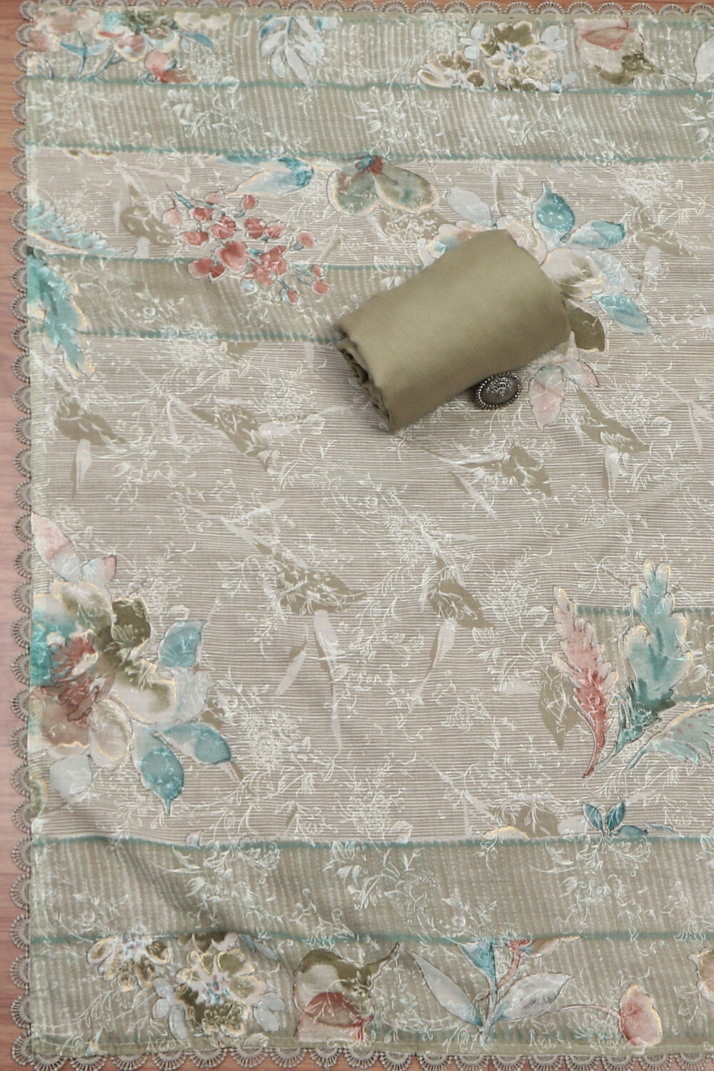 Brown Cotton Printed Unstitched Suit Set image number 3