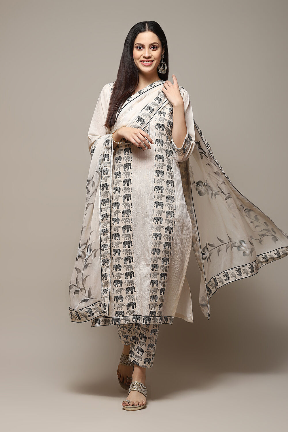 Off White Cotton Handloom Unstitched Suit Set image number 1