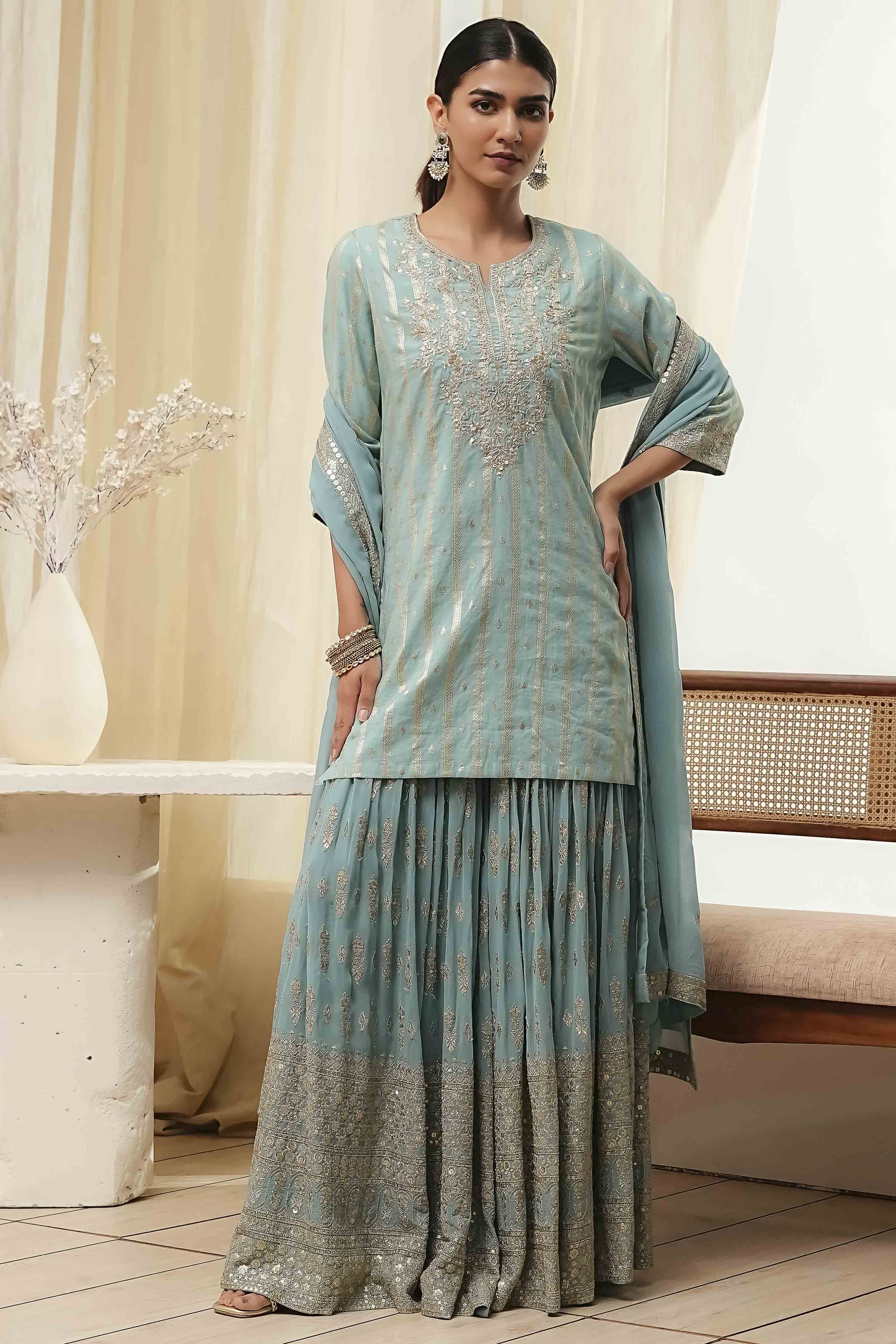 Powder Blue Embroidered Straight Suit Set image number 6