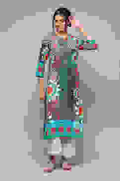 Chalky Teal LIVA Straight Printed Kurta image number 0