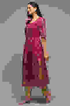 Wine Cotton Flared Printed Kurta image number 2