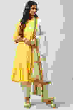 Yellow Cotton Flared Kalidar Kurta Slim Pant Suit Set image number 4