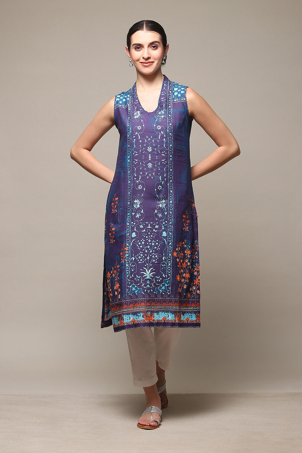 Indigo Cotton Printed Short Kurti image number 0