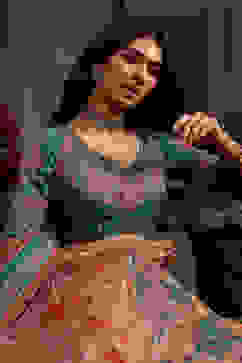 Turquoise Hand Embroidered Flared Lehenga Set image number 1