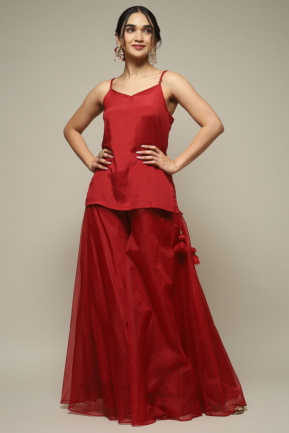 Red Nylon Straight Kurta Sharara Suit Set image number 6