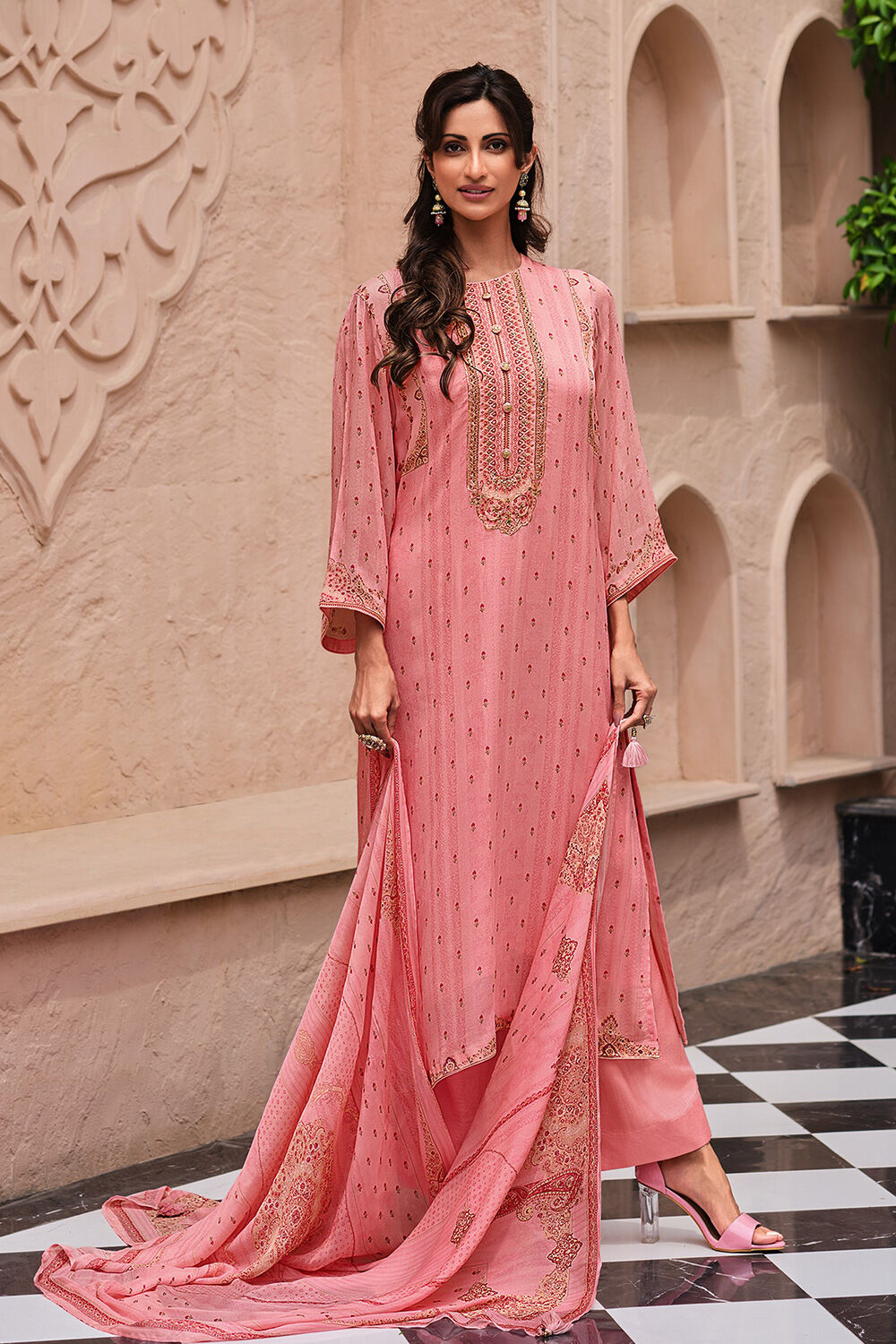 Mustard Cotton Blend Machine Embroidered Unstitched Suit Set image number 1