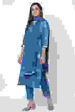 Royal Blue Straight Kurta Regular Pants Suit Set image number 2