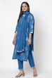 Royal Blue Straight Kurta Regular Pants Suit Set image number 2