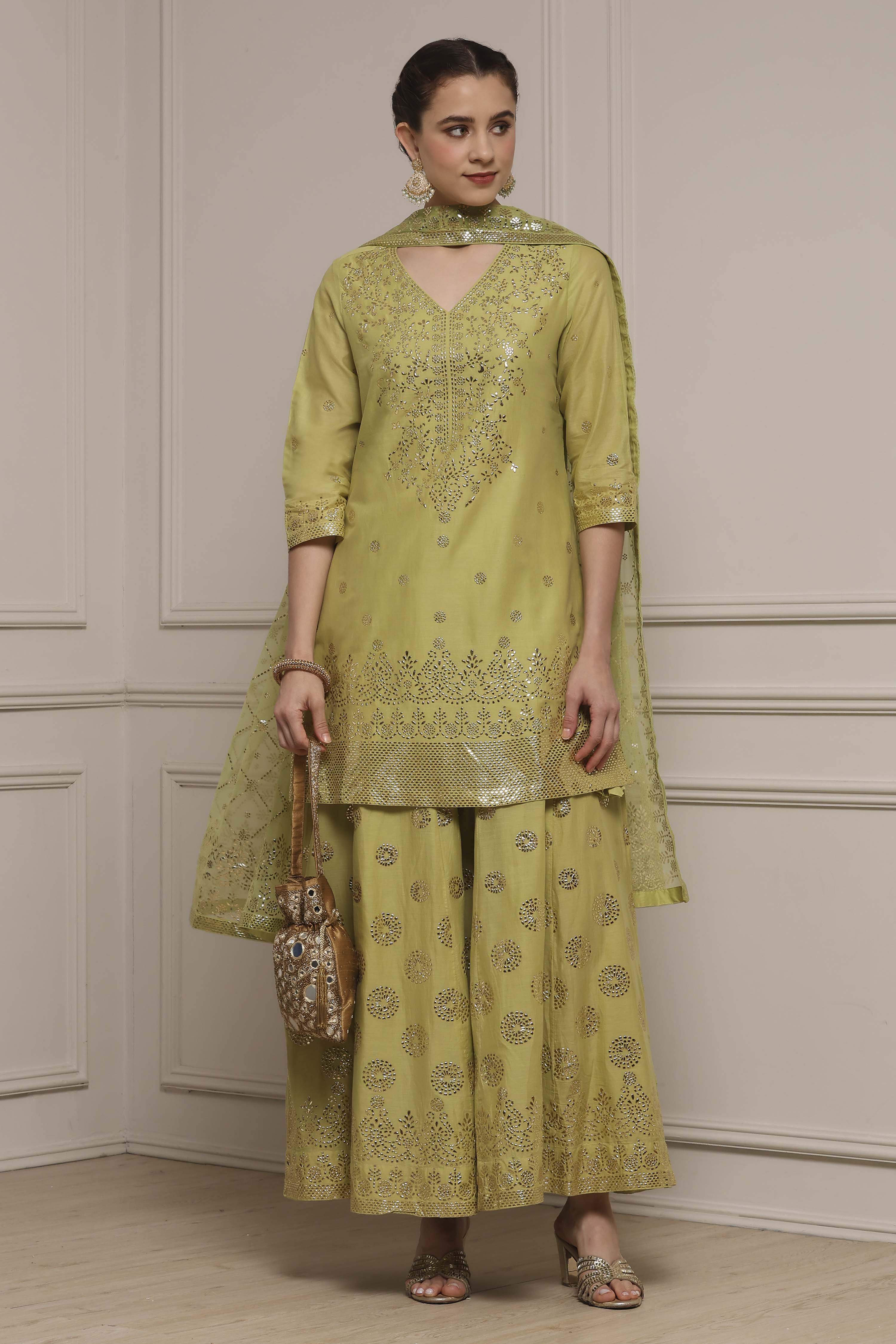 Green Cotton Metallic Pattern Sharara Suit Set image number 0