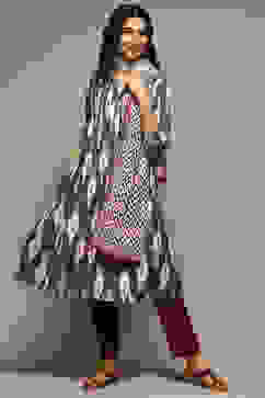 Grey Cotton Blend Straight Yarndyed Suit Set image number 0