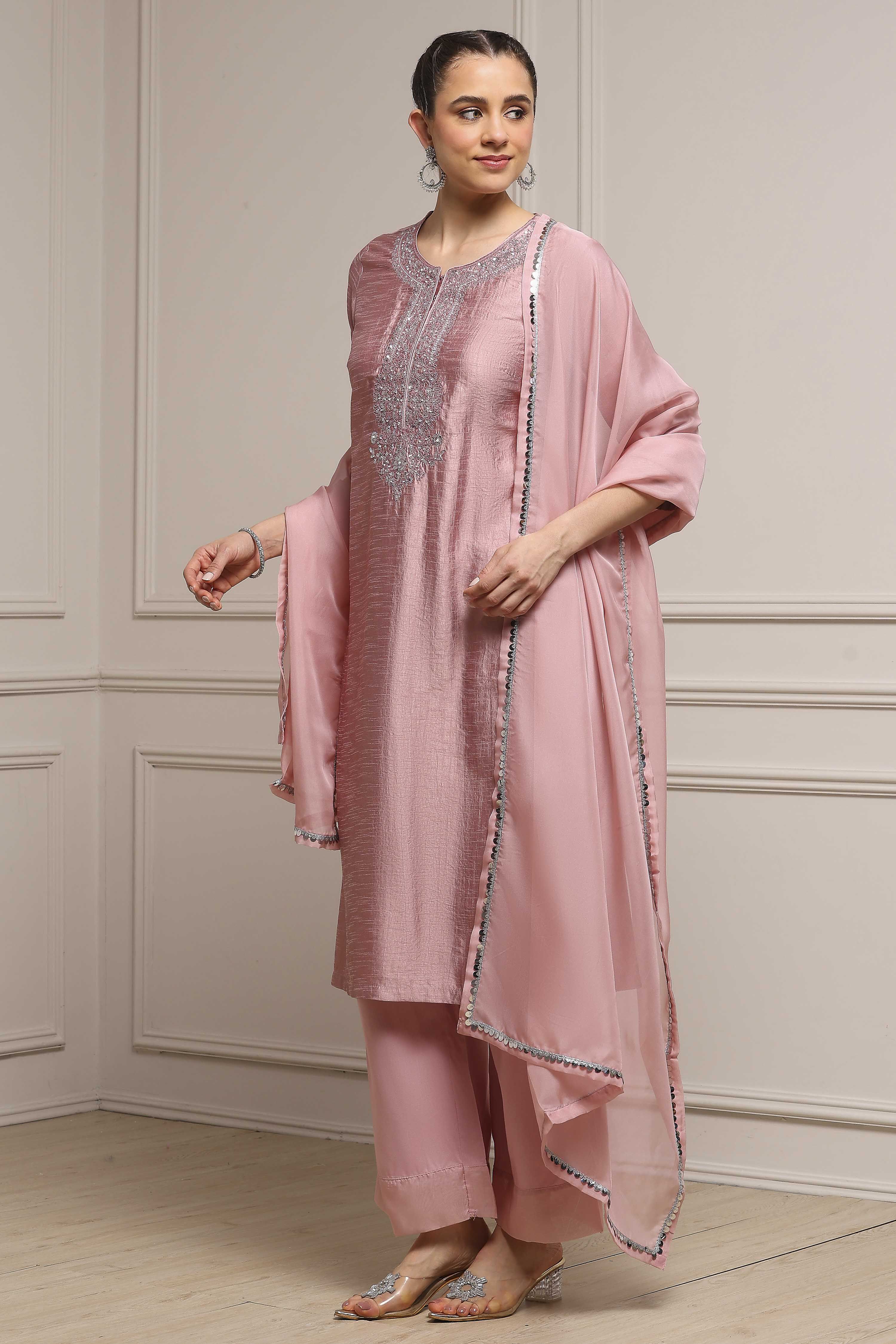 Light Green Art Silk Embroidered Straight Suit Set image number 3